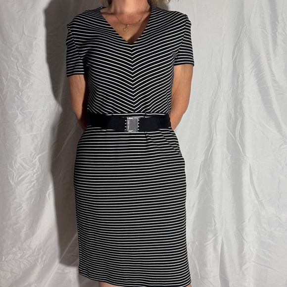 BOSS Striped Black White Belted Sheath Dress Size 8 Short Sleeve - Picture 2 of 10